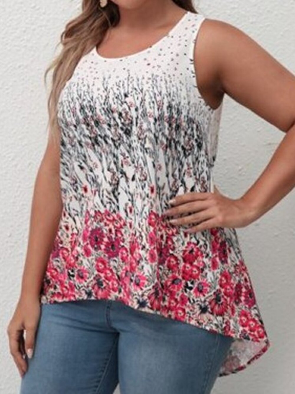 New EMERY ROSE Plus Pink Floral Print Boho High Low Hem Tank Top Womens 4XL